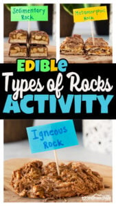 As we continue to learn about Earth Science we are digging in to learning about the types of rocks for kids. This is a fun, simple way for kids to start to understand what are the 3  types of rocks and how they are formed. In this edible rocks project we used common kitchen items to recreate basic food rocks! Let me show you how to make edible rocks with your preschool, pre-k, kindergarten, first grade, and 2nd grader for some fun, hands-on science for kids!