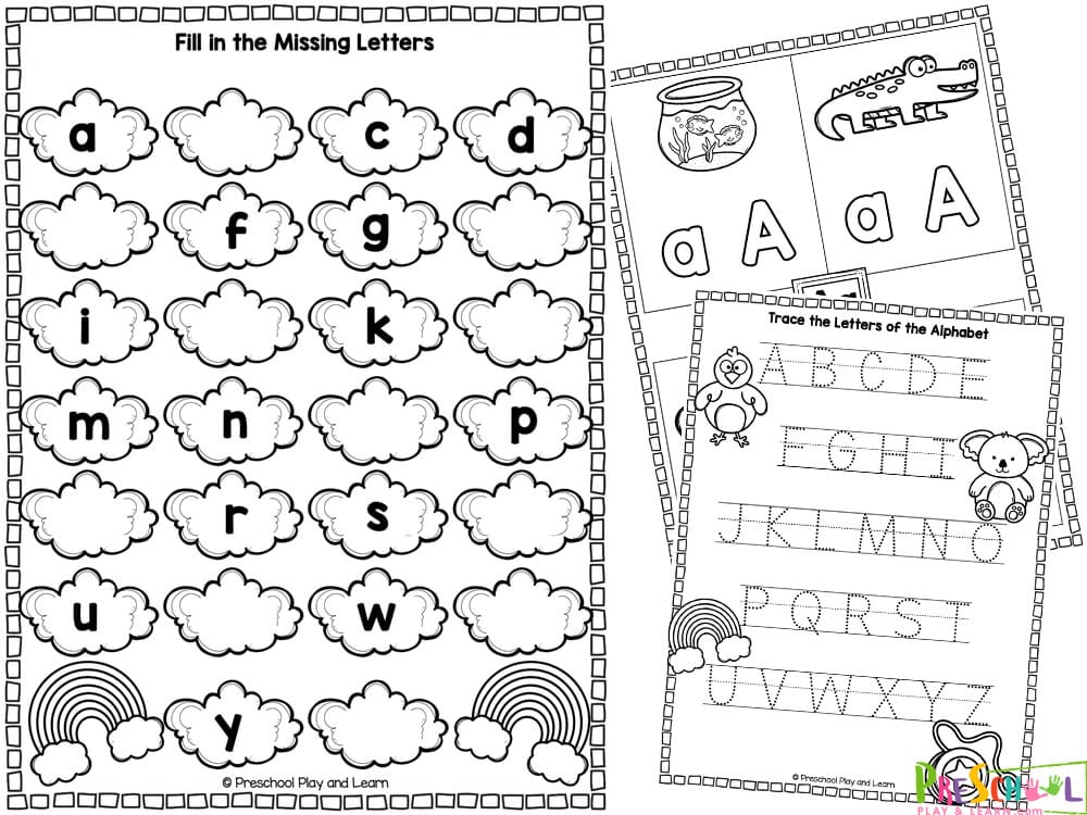 Whether you are a parent, teacher, homeschooler, daycare provider, or planning a summer camp – you will love these no-prep alphabet worksheets for kids of all ages from toddler, preschool, pre k, to kindergarten, and more!