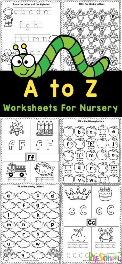 Help young children learn their ABCs with these free printable alphabet worksheets for nursery! This set of A to Z worksheet for nursery pack allows kids to strengthening literacy and fine motor skills while helping them learn about the uppercase and lowercase letters of the alphabet. Simply print a to z alphabet worksheet for nursery and you are ready to play and learn with toddler, pre-k, and kindergarten age children. Plus these nursery english alphabets worksheets are FREE!