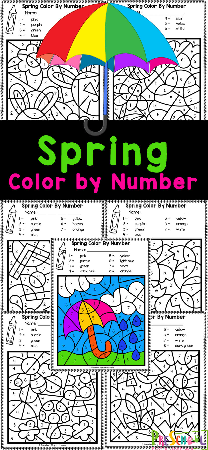 Make working on number recognition fun with these spring color by number pages. These spring color by number printables are filled with color by code images of springtime. As pre-k, kindergarten, and first graders colour by numbers in these free spring worksheet for preschool they will be strengthening their hand muscles while having fun with a spring learning activity!