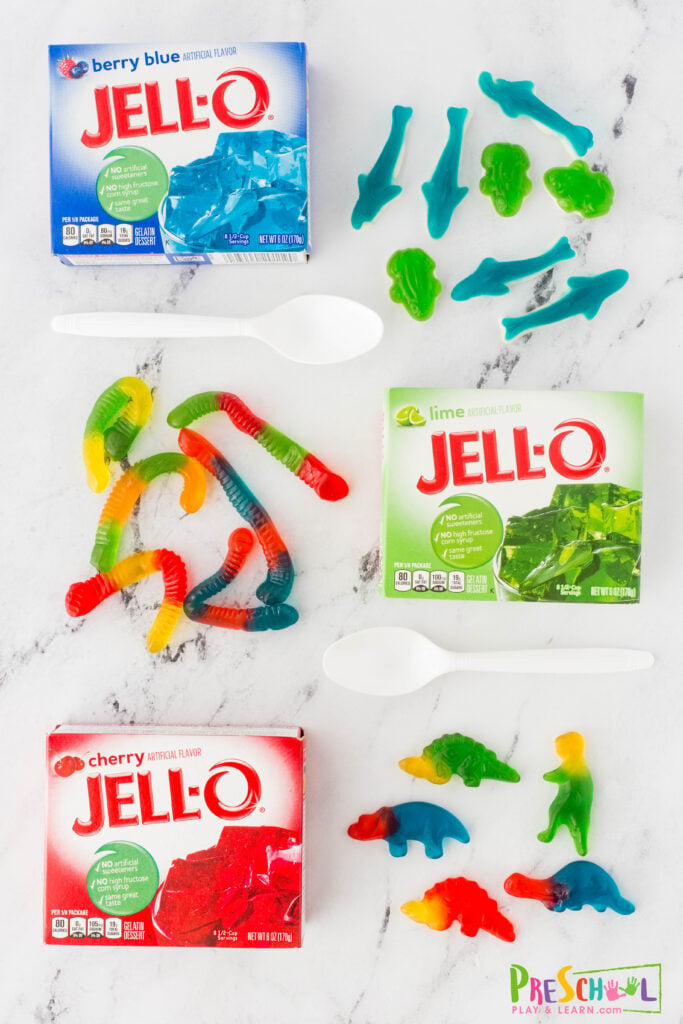 All you need for this outrageously fun dinosar play is: jello - you choose the flavor (or use chocolate pudding with crushed oreo at the top for a messy excavation!) gummy dinosaurs insect gummies ocean gummies
