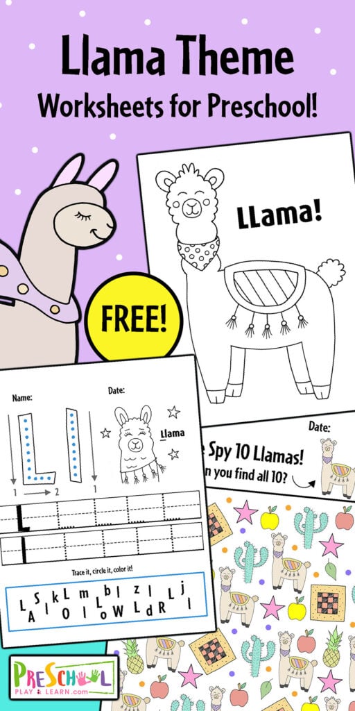 Check out these awesome, free printable Llama Worksheets! Kids in preschool, pre-k, and kindergarten will enjoy these cute llama printables that build fine motor skills and boost creativity! Use these free llama printables as a non-prep llama activity for your next llama theme or animal theme. Have fun with markers and crayons with the llama llama coloring pages and llama Dot Dot sheet. Then, have fun counting numbers 1-5, putting together a puzzle, and color sorting with some great cut and paste activities. Be sure to ask your little ones questions while completing the pack to build vocabulary. Check out tons llama activities!
