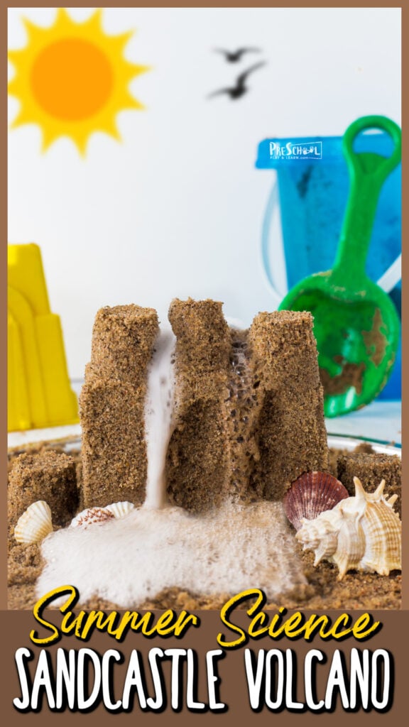 Looking for really fun beach activity for preschooler? This sand volcano experiment is not only a really cool thing to do on your summer vacation, but a fun summer science experiment too. This sandcastle volcano experiment is perfect for toddler, preschool, pre-k, kindergarten, first grade, 2nd grade, and 3rd graders too.  Plus, this summer activities for kids is super quick and easy with NO clean-up.