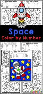 Use these space color by number to work on number recognition, strengthening fine motor skills, and having fun with a space theme worksheet. These color by number preschool are perfect for learning numbers and following directions for an easy preschool math activity. Use these outer space color by nubmer with pre-k, kindergarten, and first grade students. Simply print number coloring pages preschool and you are ready to play and learn!