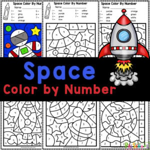 No-prep space color by number worksheets work on number recognition & strengthen fine motor skills with space theme printables for kids!