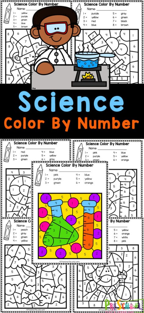 If your pre-k kids are working on number recognition, you will love these preschool number worksheets where children will color by code to reveal a fun science picture. These free printable science color by number work on numbers and strengthening fine motor skills too. Use these preschool color by number with preschoolers, kindergartners, and grade 1 students! Simply print pre-k color by number and youa re ready to play and learn with an engaging activity for children. 