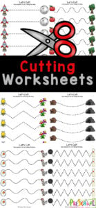 Grab these super cute preschool cutting worksheets to help young children work on coordination as they cut with scissors! Use these free printable cutting activities for preschoolers and kindergartners. This pack of cutting practice for preschoolers is filled with many different lines of different shapes for children to cut out, and strengthen their fine motor skills. Simply print cutting sheets for preschoolers and grab a pair of kid safe scissors and you are ready to go!