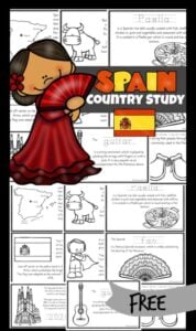 Explore the fascinating, European country famous for bull fights, flamenco dancing, paella, and more with this Spain for Kids country study. As pre k, kindergarten, grade 1, grade 2, grade 3, grade 4, and grade 5 students color and read they will learn about this Spanish-speaking country. Print the spanish printables pdf file with My little book about Spain will help teach about Espana; their way of life, the culture, landmarks and interests. They will also learn about animals and birds as well as the national flower.