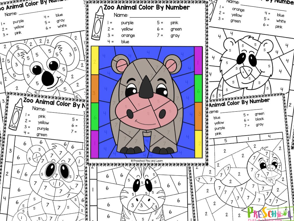 🐼 FREE Printable Zoo Animals Color by Number Worksheets