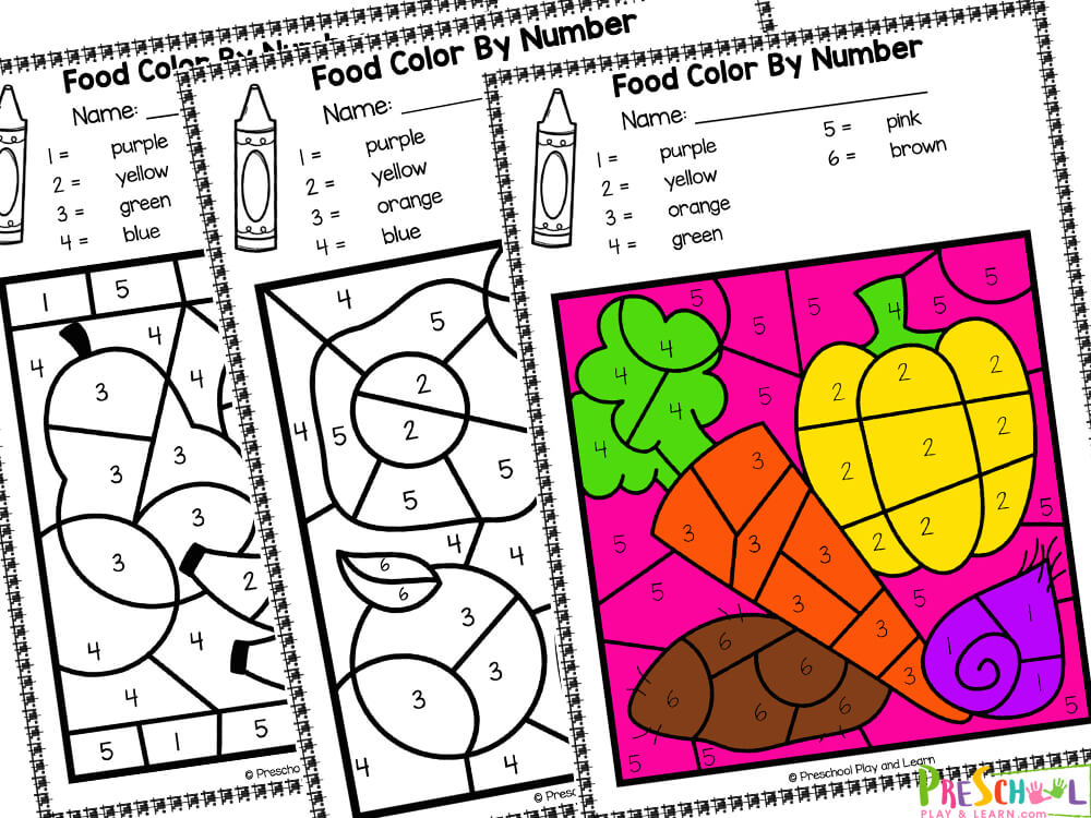 There are six pages in this pack. Each page includes an image that is to be colored in. The themes for each page are:  Sweet Treats - A donut and cupcake Breakfast - an egg, toast and an orange Vegetables - A carrot, pepper, potato and onion Slice of Pizza Fruit - a pear, apple and bananas A hamburger