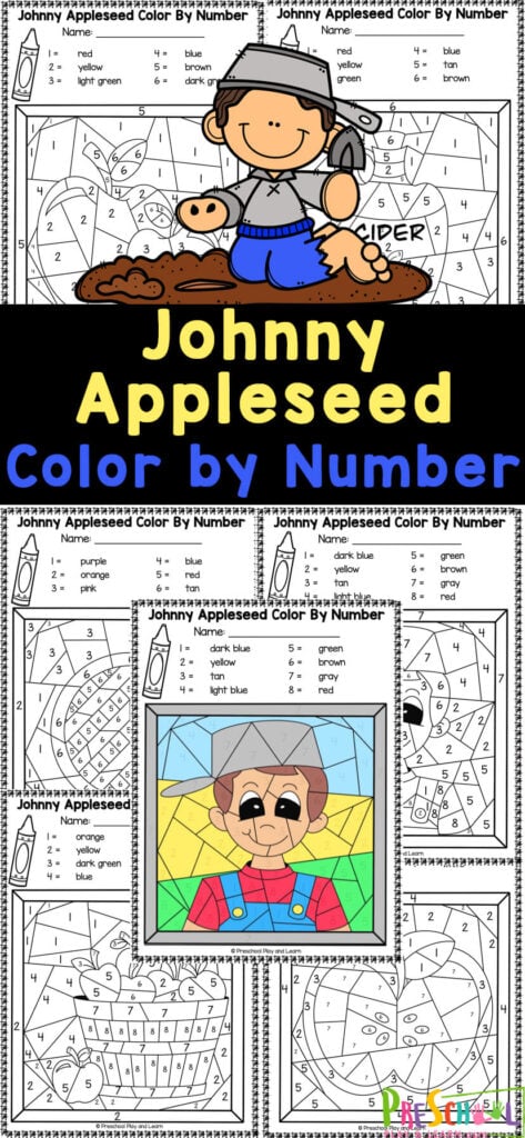 Young children will enjoy working on number recognition, strengthening fine motor skills, and having fun at school with preschool, pre k, kindergarten, and first grade students with these fun and free Johnny Appleseed Color by Number worksheets. These free color by number worksheets are such a fun and engaging activity for children. 