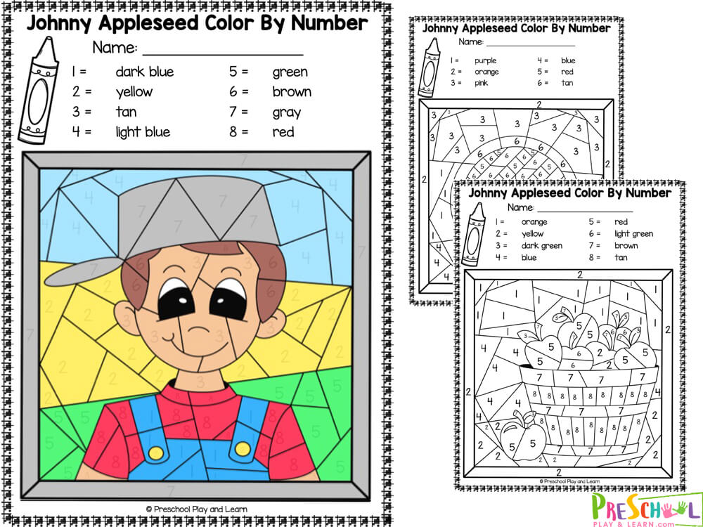 There are six pages in this pack. Each page includes an image that is to be colored in. The themes for each page are:  Johnny Appleseed Apples Cider Apple Pie Basket of Apples Apple Cut in Half