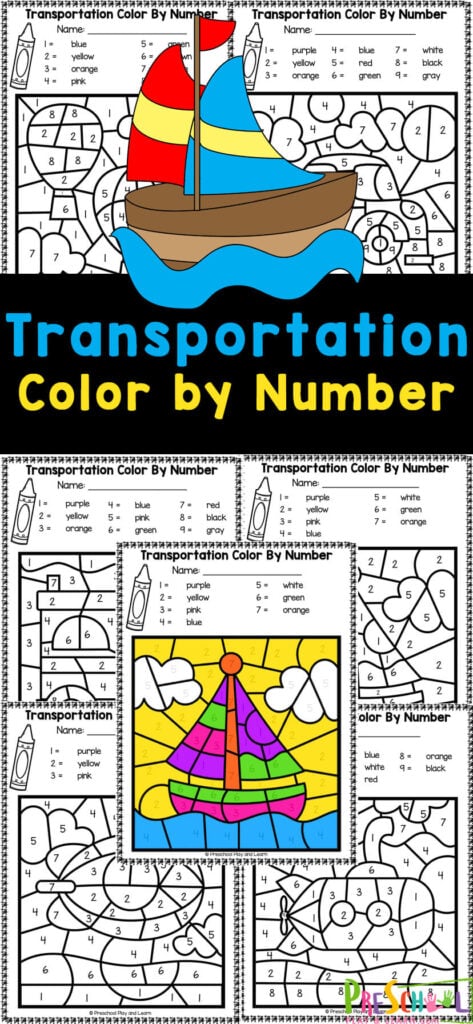 Practice identifying numbers with these super cute, Transportation color by number worksheets. With images of cars, trains, planes, boats, and more - these transportation worksheets allow kids to sneak in some math practice while strengthening fine motor skills and having fun with a transporation theme! Simply print the FREE color by numbr printables and you are ready to go!