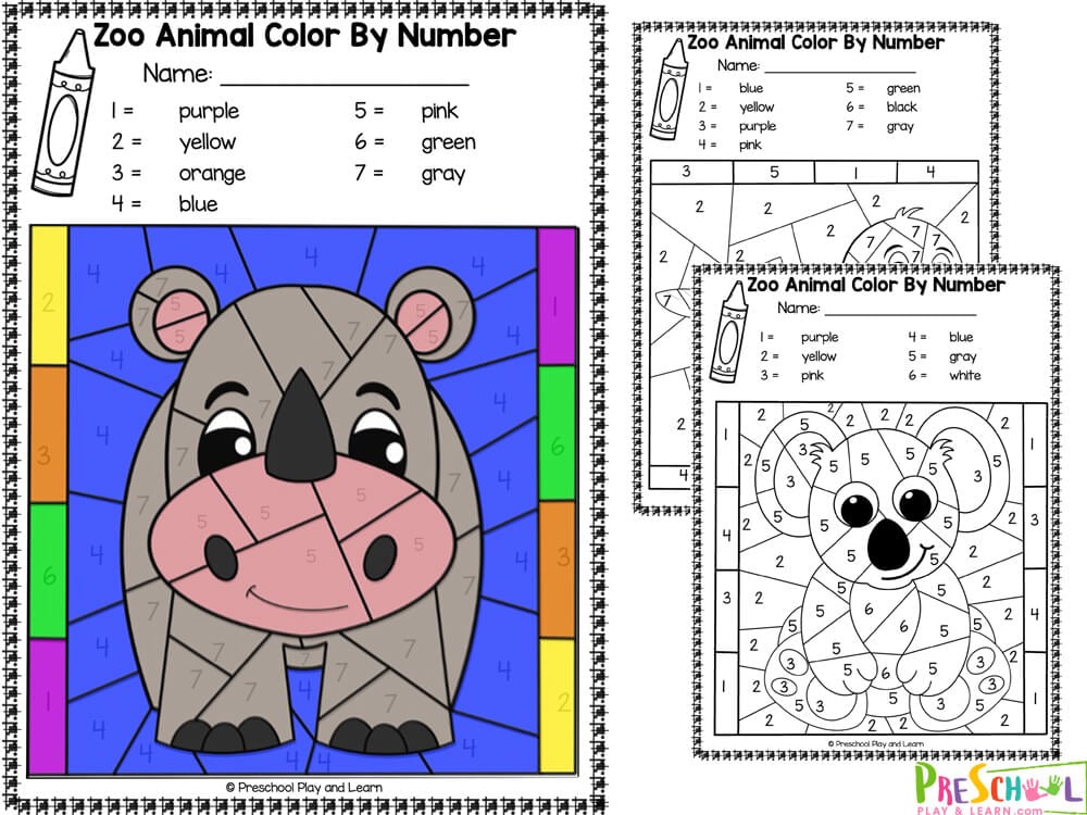 There are six pages in this pack. Each page includes an image that is to be colored in. The themes for each page are:  Rhinoceros Panda Bear Seal Koala Zebra Polar Bear