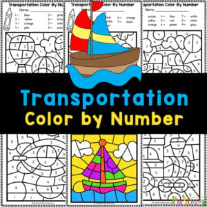 Practice identifying numbers with FREE pritnable ransportation color by number worksheets - cars, trains, planes, boats, and more!