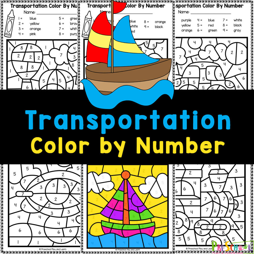 Practice identifying numbers with FREE pritnable ransportation color by number worksheets - cars, trains, planes, boats, and more!