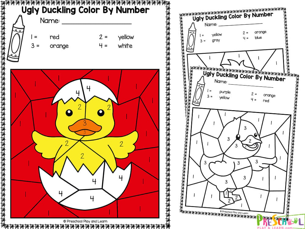 There are five pages in this pack. Each page includes an image that is to be colored in. The themes for each page are: Hatching Swan Nest with eggs Ugly Duckling sad Ugly Duckling.