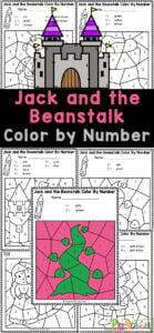 Kids will have fun working on number recognition with these free printable Jack and the Beanstalk Worksheets! After you've read this classic fairy tale, children will strengthening fine motor skills by coloring by code to reveal the charactors from the story with these jack and the beanstalk printable. Simply print the color by number worksheets to play and learn with preschool, pre-k, and kindergarten students.