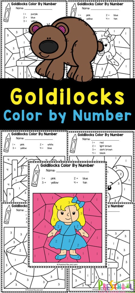 If you are looking for a fun book extension activity to work on number recognition and fine motor skills, you will love these FREE printable Goldilocks and the Three Bears Worksheets. These Goldilocks worksheets feature characters from the classic fairytale that will be revealed when students color by code. Simply print these color by number worksheets to play and learn with preschool, pre-k, and kindergarten age kids.