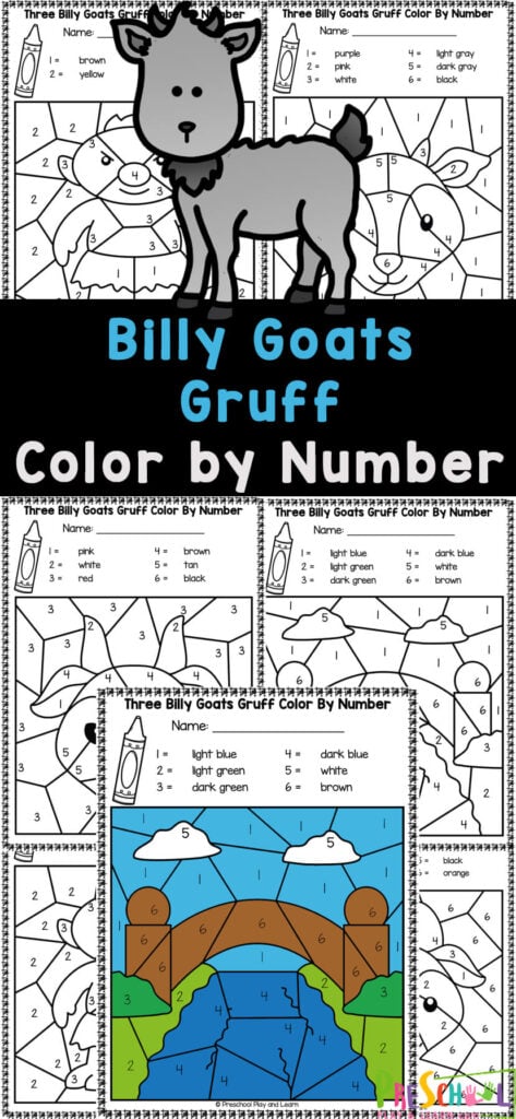 Young children will enjoy working on number recognition, strengthening fine motor skills, and having fun at school with these three billy goats gruff worksheets. These 3 billy goats gruff printable activity is perfect for preschool, pre-k, kindergarten, and first grade students. These color by number worksheets have a fun fairy tale theme which is perfect for an extension activity after reading the story of the Billy Goats Gruff. 