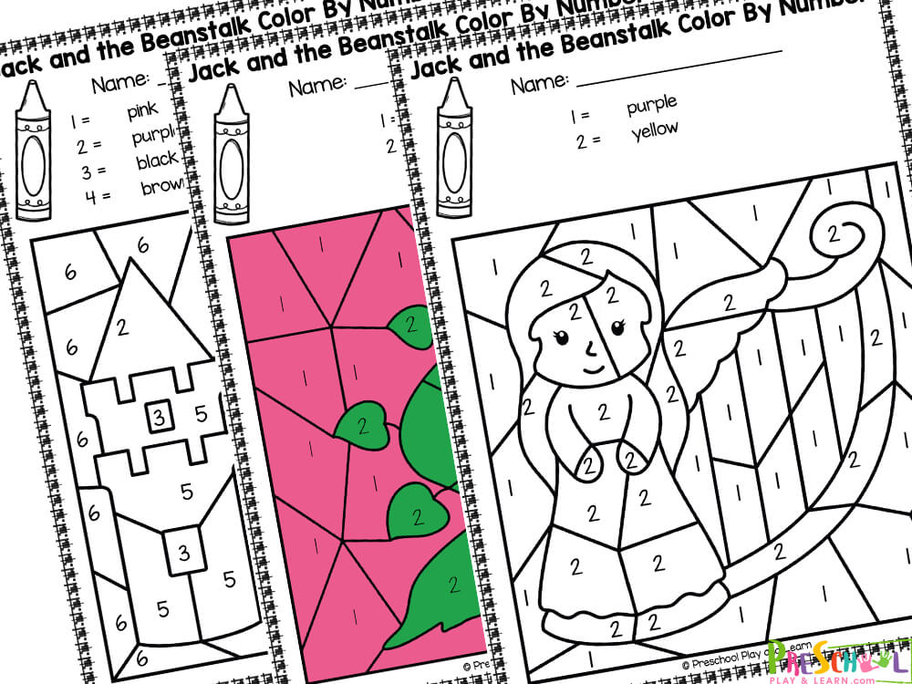 There are five pages in this pack. Each page includes an image that is to be colored in. The themes for each page are:  Bag of Beans Castle Giant Beanstalk Golden Harp