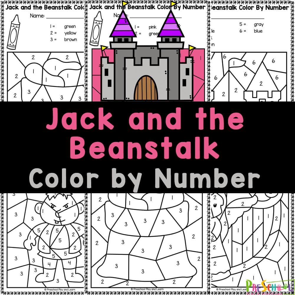 Cute Jack and the Beanstalk Worksheets where kids color by number to reveal major characters in this classic fairytale story!