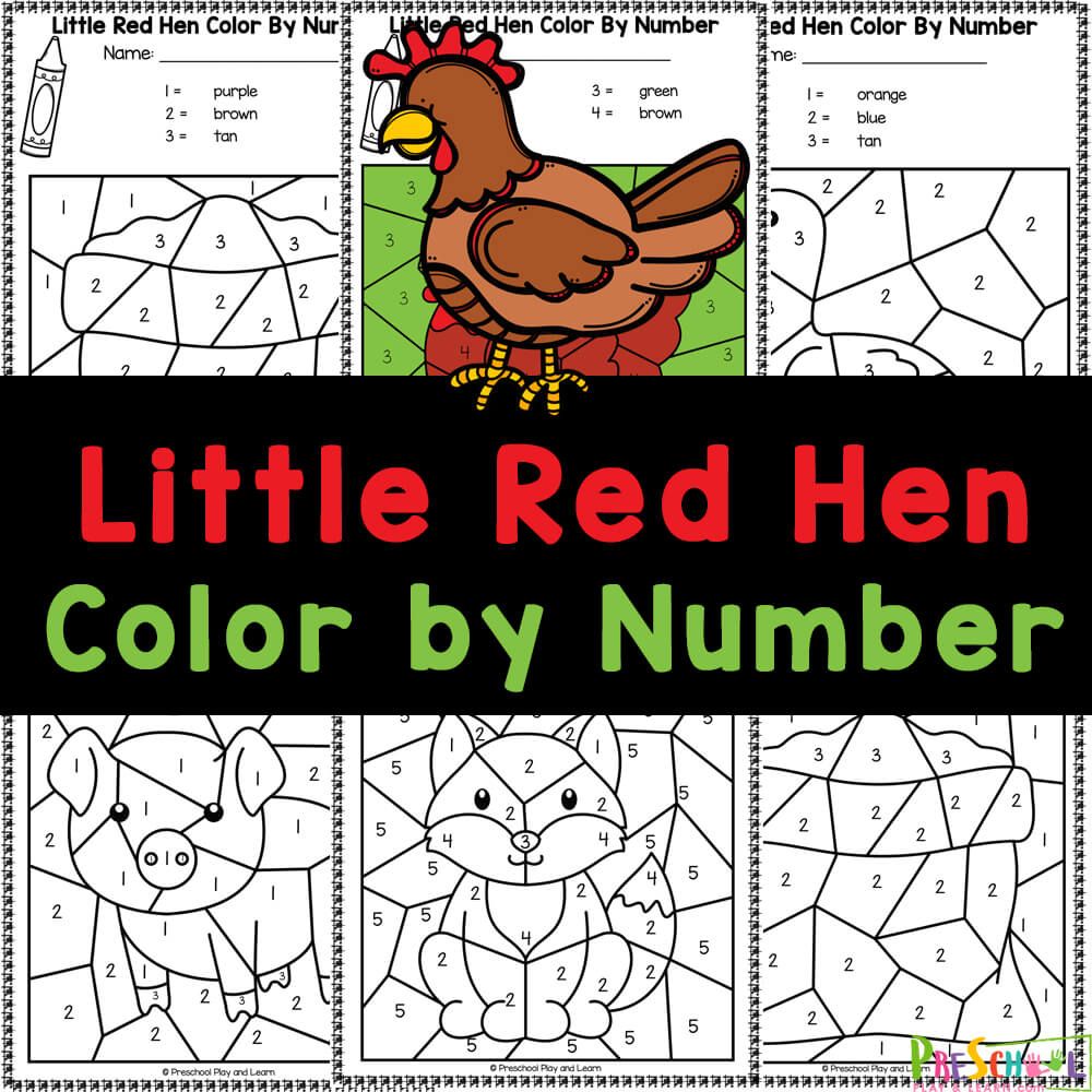 Grab color by number printables to work on number recognition revealing images from the classic story The Little Red Hen. FREE worksheets!
