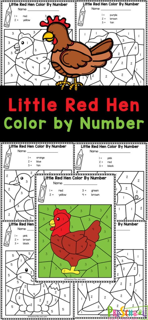 Young children will enjoy working on number recognition and strengthening fine motor skills along a classic story with these little red hen worksheets. These little red hen story printable is perfect for preschool, pre-k, and kindergarten student. Simply print these free color by number worksheets as a fun and engaging little red hen activities for kids! 
