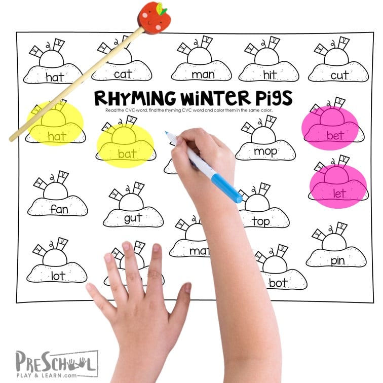 Work on literacy skills with cute winter pig rhyming words activity with free printable worksheets to learn with preschool & kindergarten.