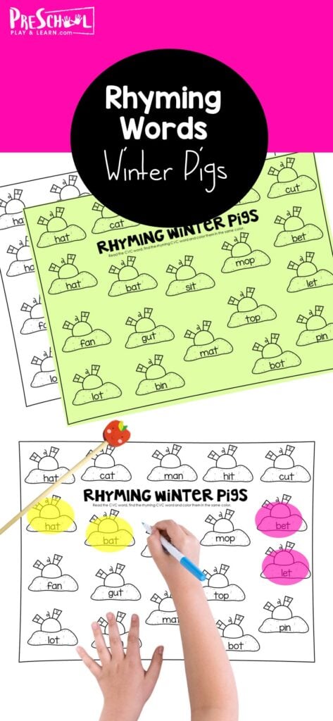 Work on literacy skills with this cute winter rhyming words activity featuring cute pigs in a snowbank. These rhyming words worksheets have children identify rhyming cvc words and color them the same color.  Simply print rhyming worksheets to play and learn with preschool, pre-k, and kindergarten age students.