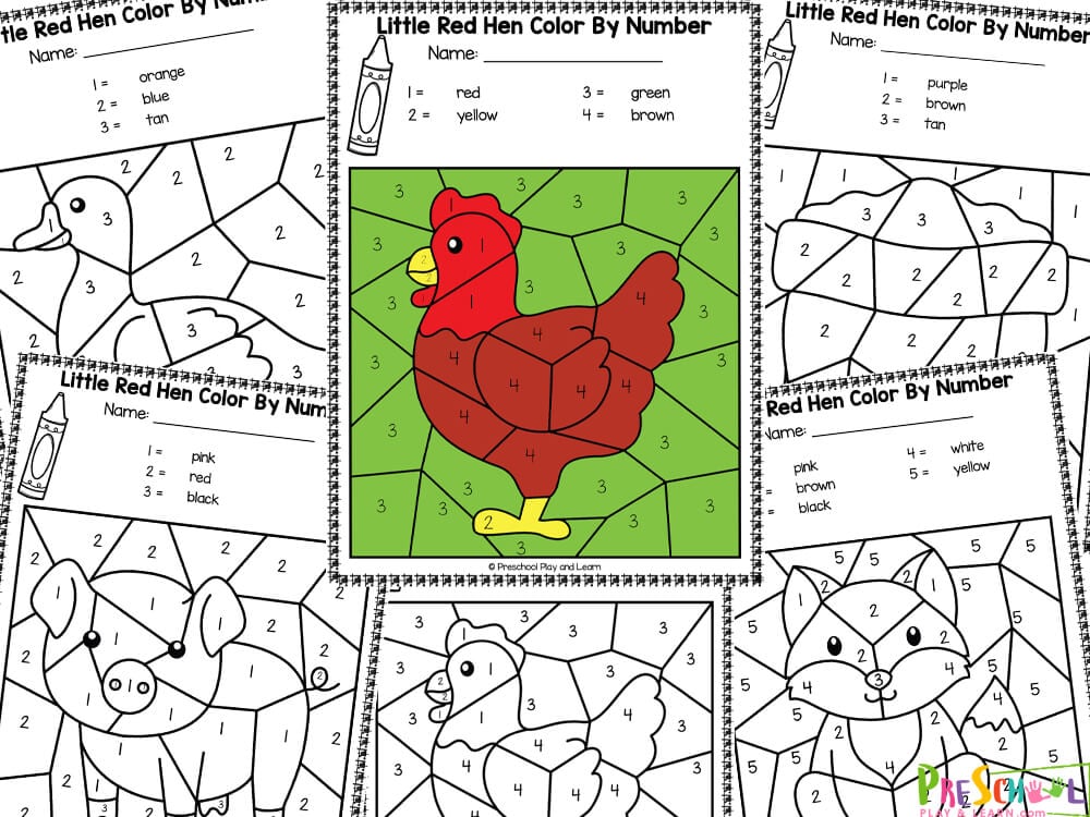 There are five pages in this pack. Each page includes an image that is to be colored in. The themes for each page are:  Hen Sack of food Duck Pig Fox