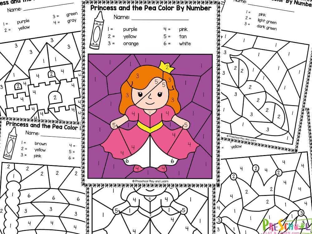 There are five pages in this pack. Each page includes an image that is to be colored in. The themes for each page are:  Castle Pea Pod Princess Bed Crown