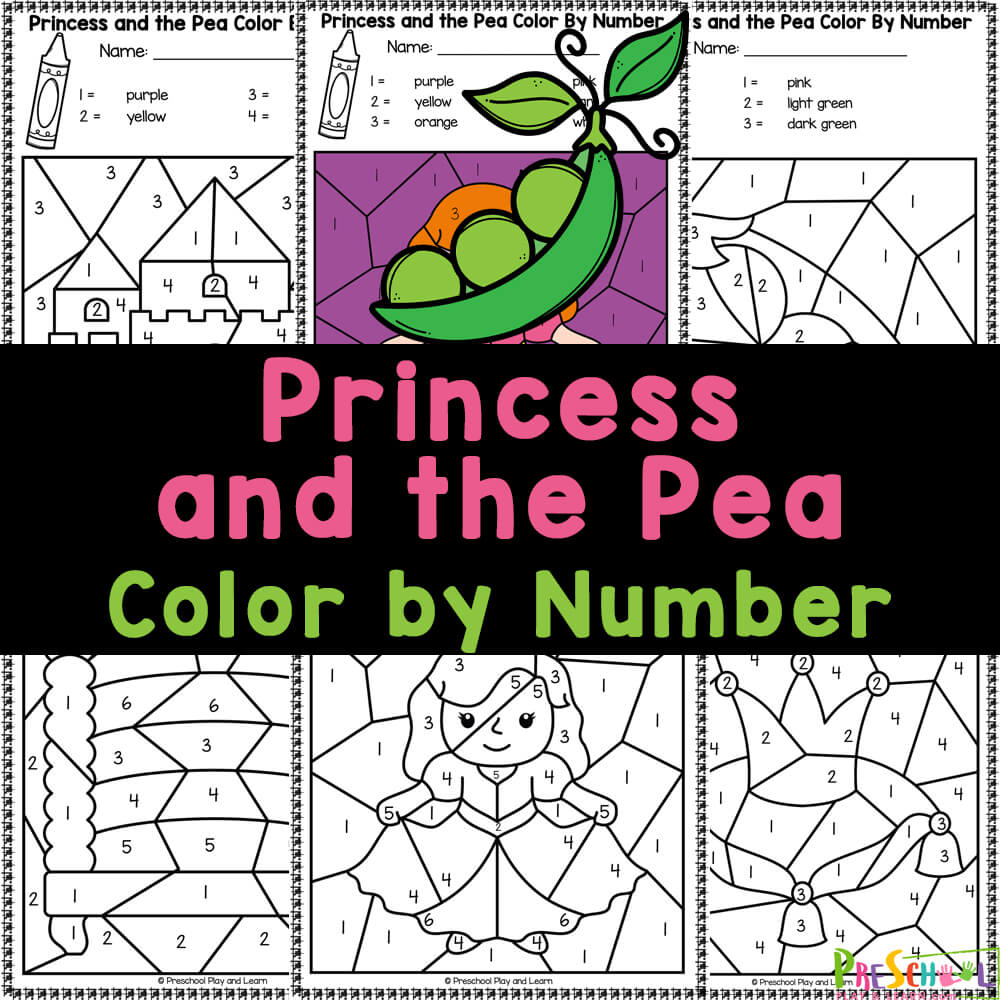Super cute, FREE printable the princess and the pea worksheets to learn numbers with a color by number activity for preschoolers.