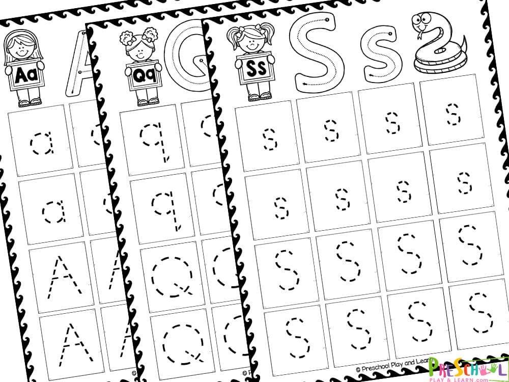 An image of something that begins with the letter Two rows of the lowercase letter which children can practice tracing and forming the letters correctly Two rows of the uppercase letter which children can practice tracing and forming the letters correctly