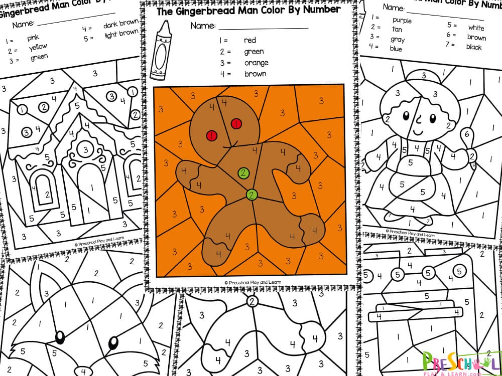 After you've read The Gingerbread Man, use these gingerbread man worksheets to work on number recognition as children color by number! These christmas worksheets are perfect for a Gingerbread theme with preschoolers and kindergartners during the holidays. Whether you are a parent, teacher, or homeschooler – you will love these free the gingerbread man color by number printables. These free Gingerbread Man themed pages come in black and white only, and can be laminated after your child have decorated the picture and made into a fun book to look back on. You and your students, will love these no prep color by code pages for kids of all ages from toddler, preschool, pre k, to kindergarten, first grade, and more!