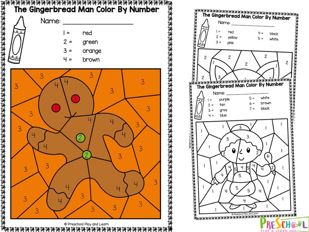 There are five pages in this pack. Each page includes an image that is to be colored in. The themes for each page are:  Gingerbread Man House Fox Oven Old Woman