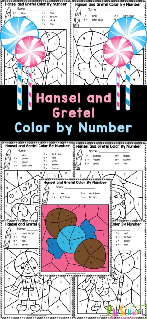 Young children will enjoy working on number recognition, strengthening fine motor skills, and having fun at school with preschool, pre k, kindergarten, and first grade students with these fun and free Hansel and Gretel Color by Number worksheets. These free color by number worksheets are such a fun and engaging activity for children that goes well with reading the story of Hansel and Gretel. 