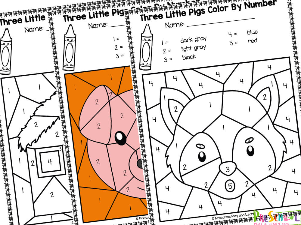 This three little pigs activity sheet is a wonderful book extension for your fairy tale unit with preschoolers, kindergartners, and grade 1 students. Simply print the three little pigs color by number worksheet pages and have students look for the numbered boxes and color by the key at the top. As they complete these three little pigs coloring sheets they will reveal charcters and objects from the story. 