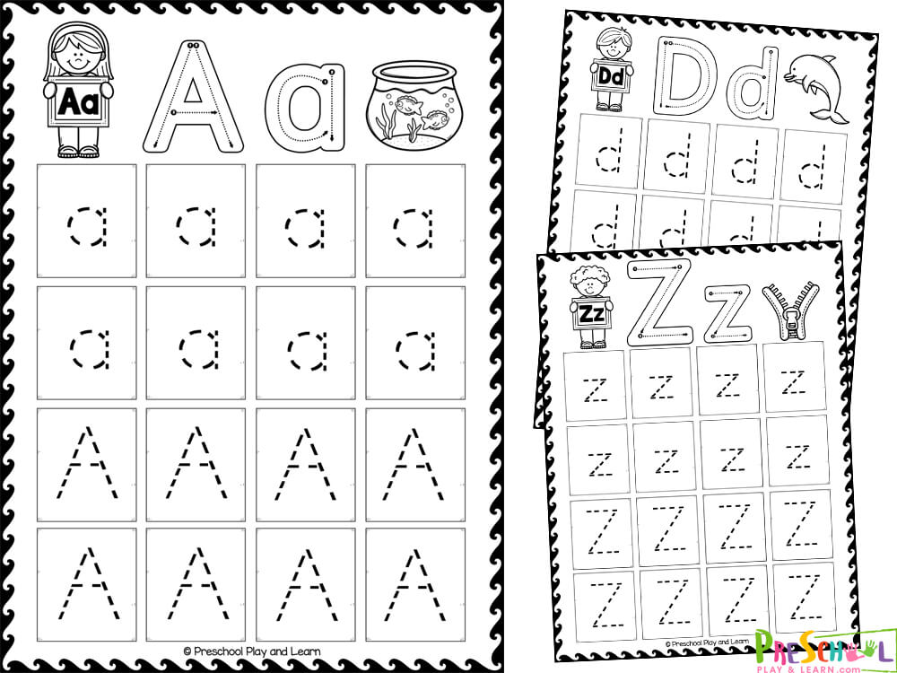 Each page consists of multiple activities for students:  A child holding a sign that contains the letter of the alphabet An uppercase letter with tracing lines inside it showing children how to form the letter A lowercase letter with tracing lines inside it showing children how to form the letter
