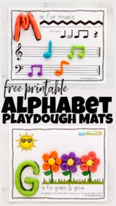 Kids love to play with playdough! Combine playdough and learning letters with these super cute alphabet playdough mats. While using these playdough letter mats children will be encouraged to create play dough letters and finish the pictures while learning their ABCs and the sounds they make. This free alphabet printable is such a FUN alphabet activity to use with play doh and markers or crayons! Use these alphabet playdoh mats with your toddler, preschool, pre-k, and kindergarten age child. Simply print the letter mats pdf file and you are ready to play and learn with this alphabet activity.