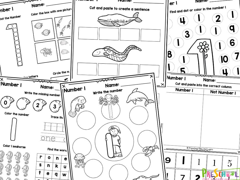 Young children will love these super fun and cute activities to complete as they learn with free, no-prep number 1 worksheet pages. Kids will love writing the number as well as working on their fine motor skills with these preschool number 1 worksheet.  Whether you are a parent, teacher, or homeschooler – you will love these free number worksheets. These free preschool Number 1 worksheets come in black and white only, and can be laminated after your child has traced the numbers and made into a fun book to look back on. You and your students, will love these no prep pages for kids of all ages from preschoolers to kindergartners! 