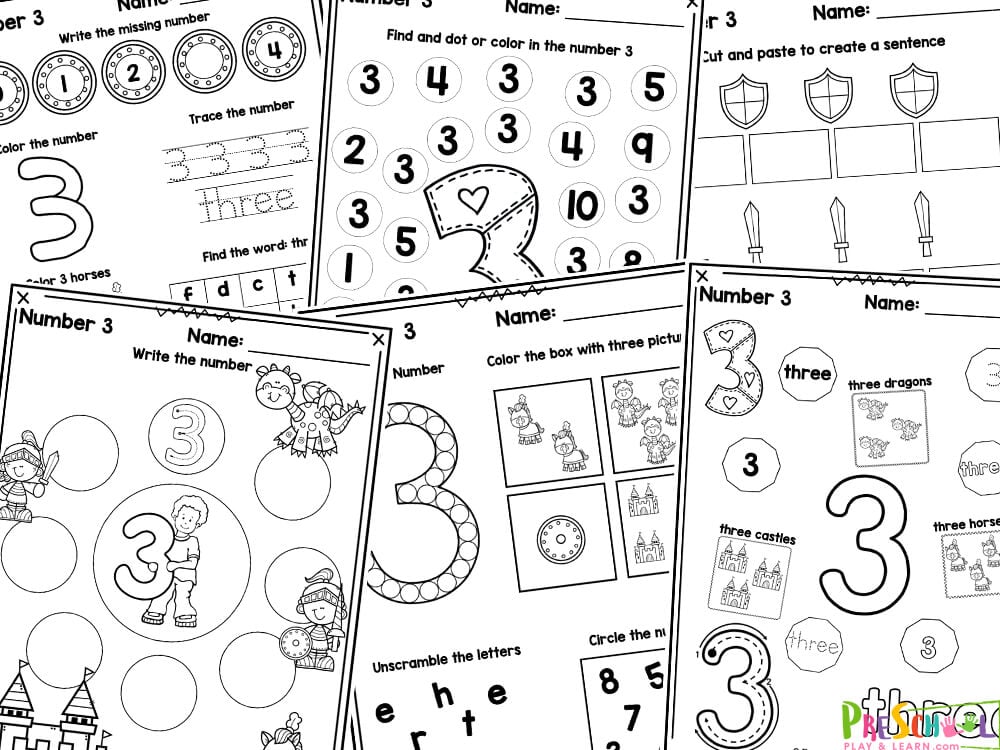The number in multiple different forms for children to color in and trace Color, count and trace the number and the number word Trace the number and the number word