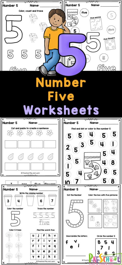 These super cute, free printable number 5 worksheets are a great way to start teaching preschool, pre-k, and kindergarten age kids about numbers! This pack of tracing number 5 pages is perfect for learning to recognize number three, understanding it’s value, and writing it too! Simply print the number 5 tracing worksheet and you are ready for a no-prep math activity for young learners.