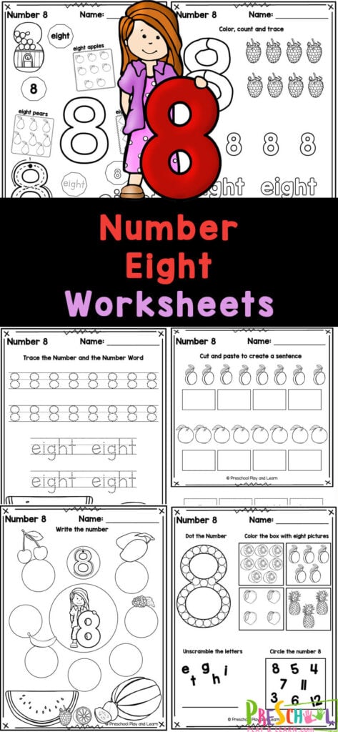 These super cute, free printable number 8 worksheets are a great way to start teaching preschool, pre-k, and kindergarten age kids about numbers! This pack of number 8 tracing worksheet are perfect for learning to recognize number three, understanding it’s value, and writing it too! Simply print the number 8 worksheets for preschoolers and you are ready for a no-prep math activity for young learners.