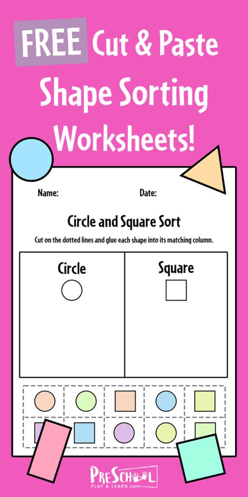 Help children work on shape recognition with these free printable shape sorting worksheets. These shape worksheets for preschool are cut and paste to sneak in work on fine motor skills at the same time. Simply print shape sorting printable to play and learn with preschoolers and kindergartners too.