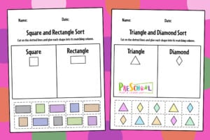 Work on shape recognition with FREE shape sorting worksheets. Thus printable activity for preschool works on fine motor skills too.