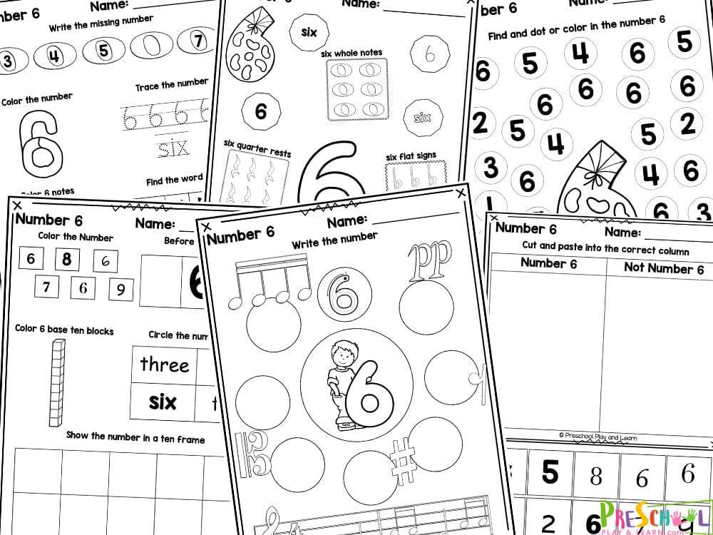 Young children will love these super fun and cute number 6 worksheet pages to complete. These no-prep number worksheets help preschoolers and kindergartners practice counting, writing numbers, tracing numerals, number recognition as well as working on their fine motor skills.