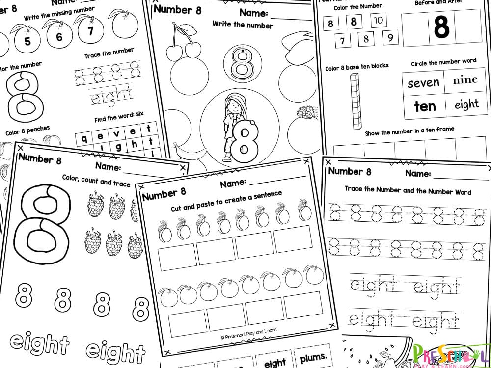 These number 8 worksheets for preschool are perfet for children to practice counting, tracing, writing, and recognizing the number eight. Use these worksheet number 8 with preschoolers and kindergartners.