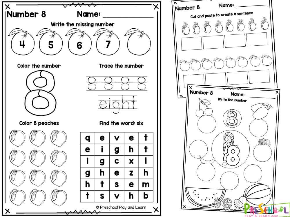 There are a total of 10 pages in this pack. Each page consists of multiple activities:  The number in multiple different forms for children to color in and trace Color, count and trace the number and the number word Trace the number and the number word