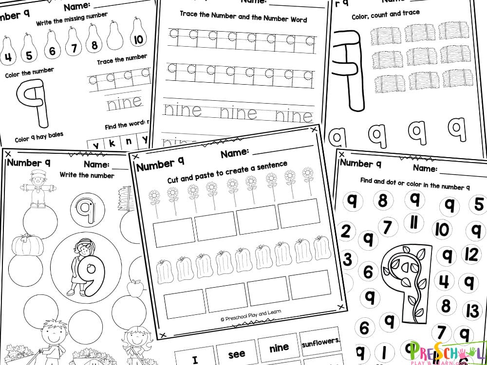Grab these number 9 worksheets for preschoolers to help prek and kindergatners practice tracing number nine, counting, writing, learning number words, and more!